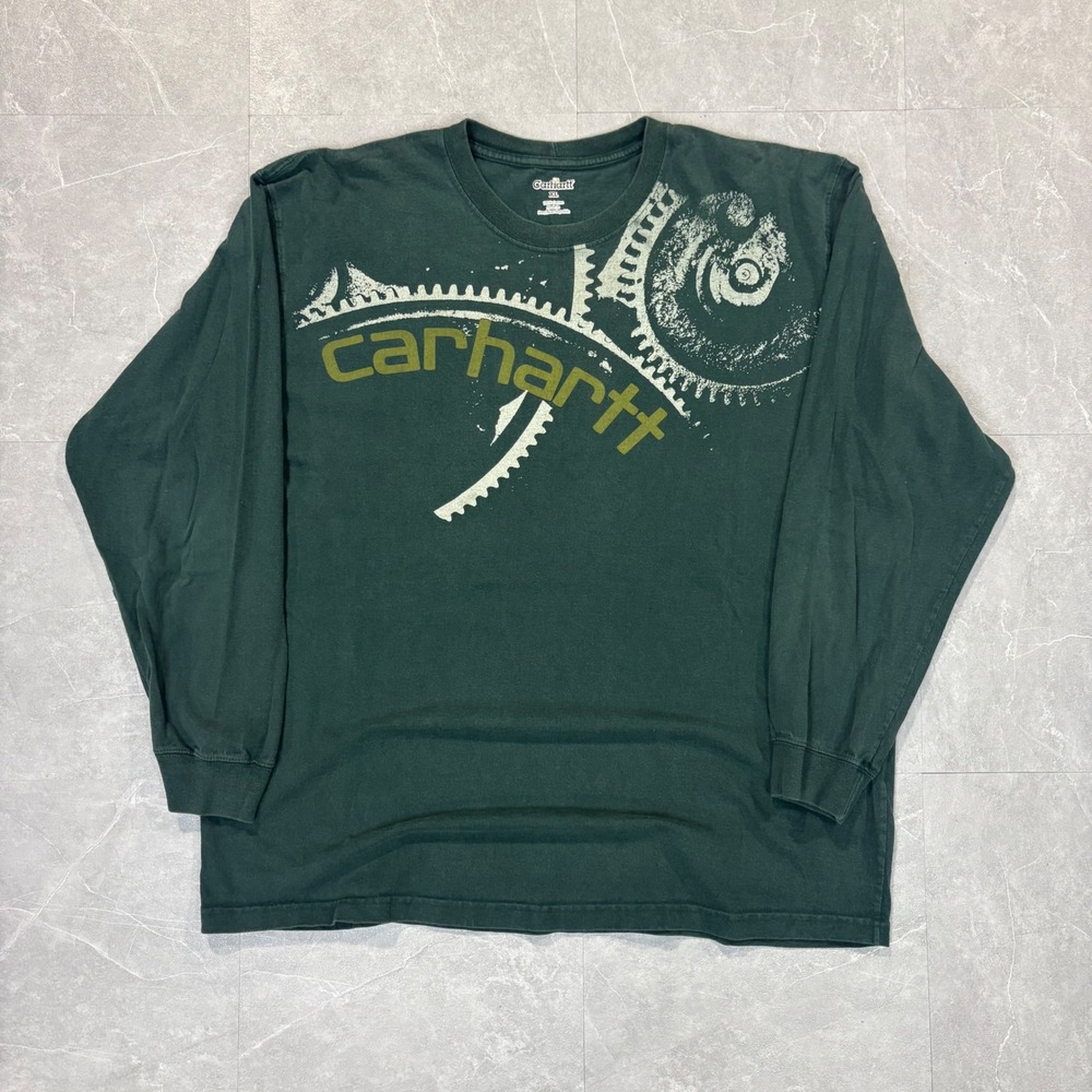 Carhartt Mens XL Long Sleeve Graphic T-Shirt Green Gear Logo Cotton Tee